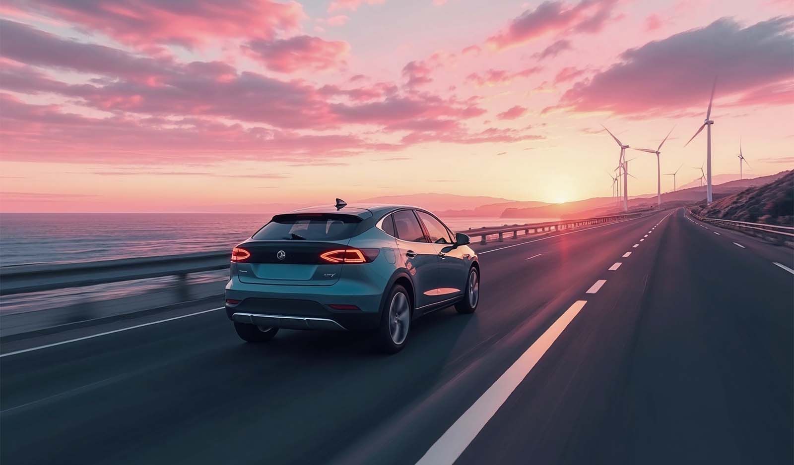 EV driving towards wind turbines at sunrise
