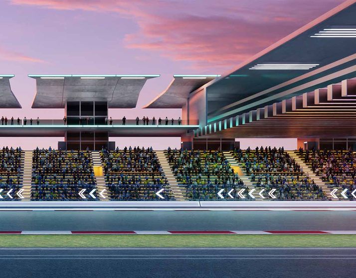 Race grandstand and race track