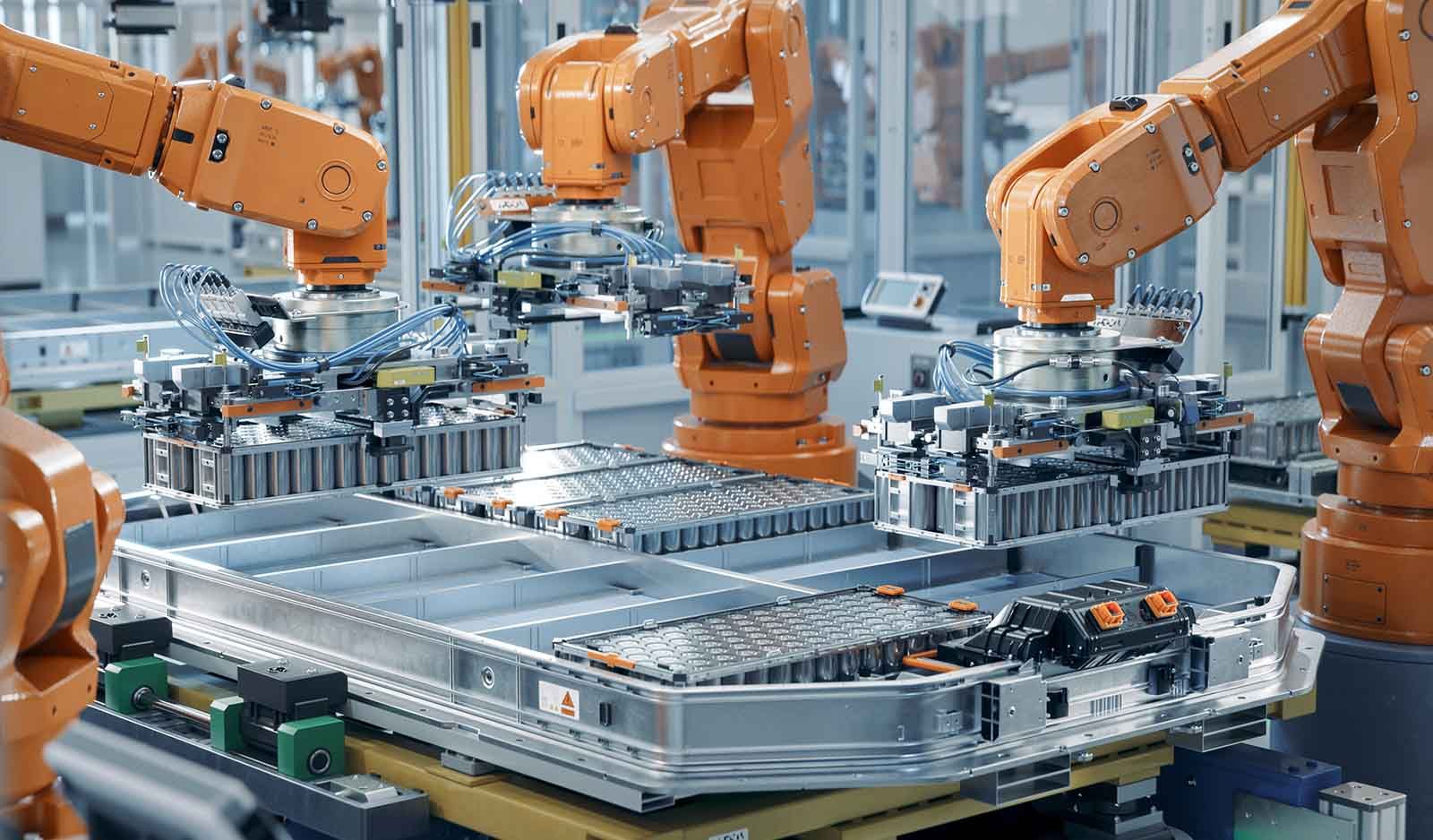 Factory with robots making batteries for electric cars