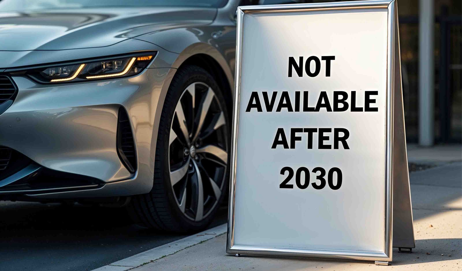 AI generated petrol car with sign saying 'Not available after 2030'