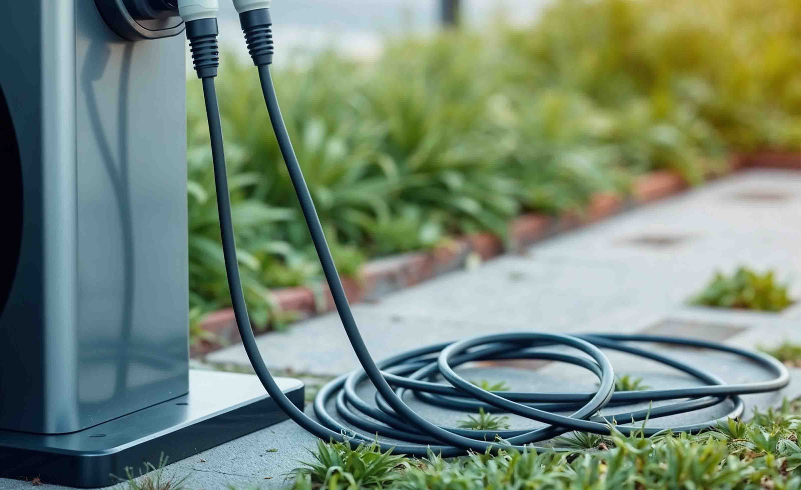 AI generated untidy EV charging cable on the floor