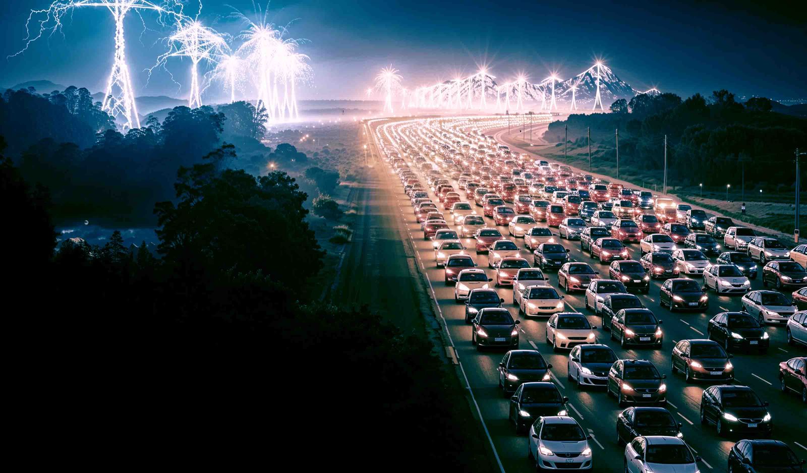 AI generated queue of EVs on a road